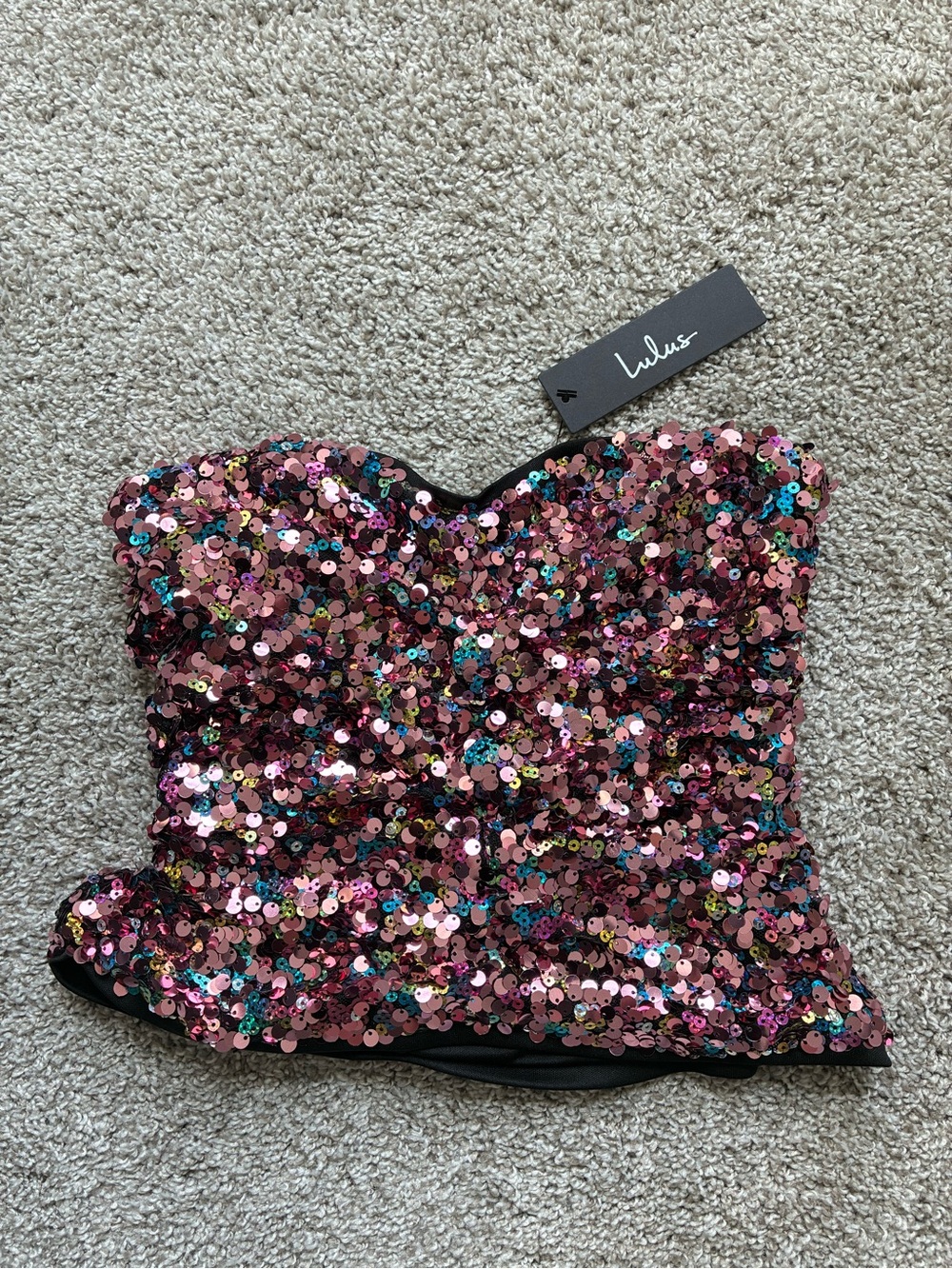 NWT Lulus Women's Pink Multi Sequin Strapless Ruched Crop Top